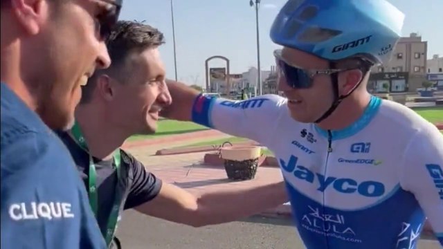 Saudi Tour 2023 - Dylan Groenewegen (Jayco AlUla), la 1ère étape, Dusan Rajovic (Bahrain-Victorious) 2e et Max Walscheid 3e (Cofidis)