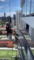 Window Cleaner Stops to Pet Dog on High Rise Building