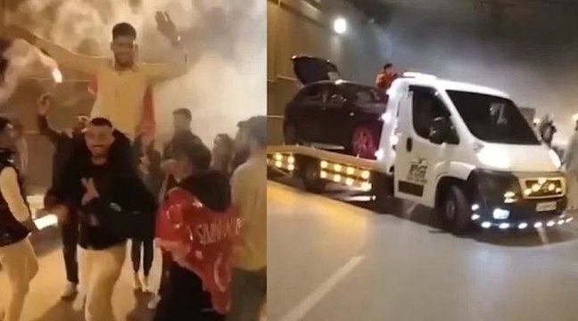 Konvoy ile yolu trafiğe kapatıp meşale yakarak halay çektiler