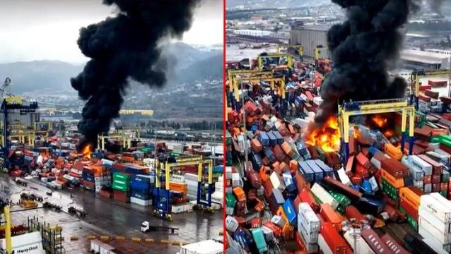 İskenderun Limanı'nda depremde devrilen konteynerlerde çıkan yangın devam ediyor