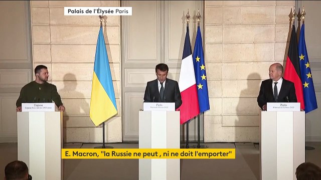 Prise de parole d'Emmanuel Macron, Volodymyr Zelensky et Olaf Scholz à l'Elysée