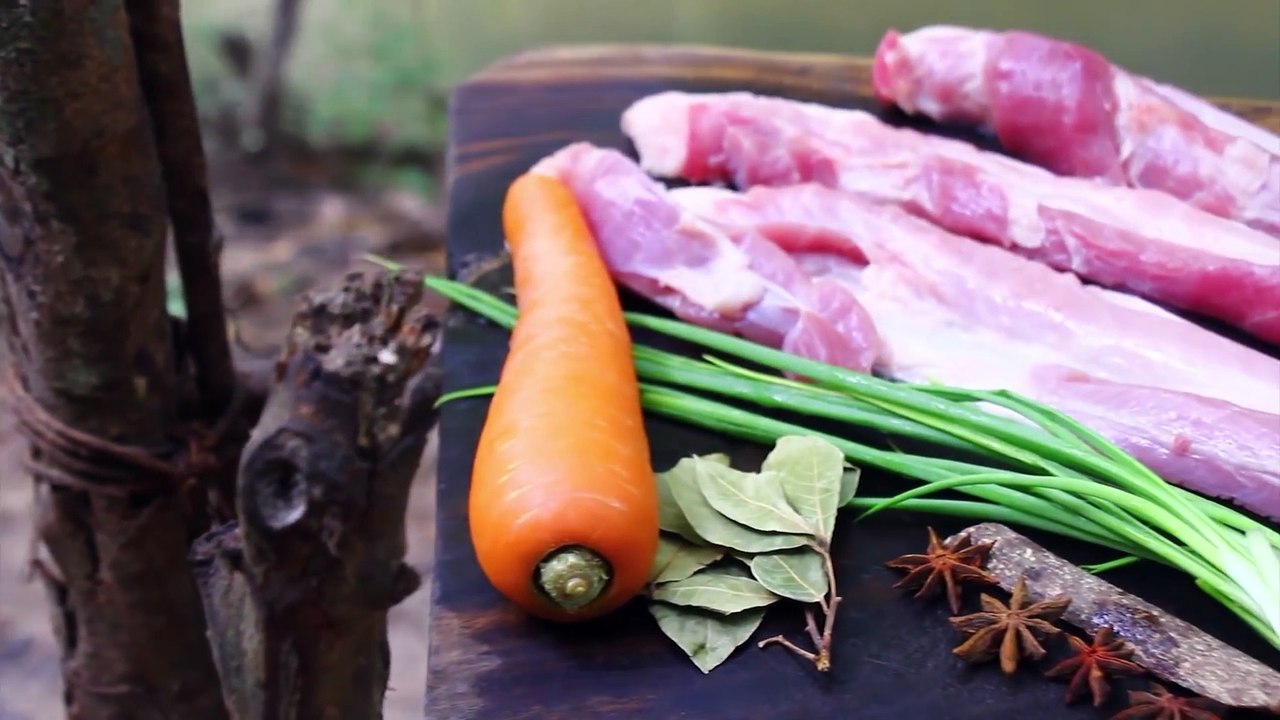 Cooking Pork Belly Eating with fried Noodle Recipe - Braised Pork Belly Eating delicious in Jungle