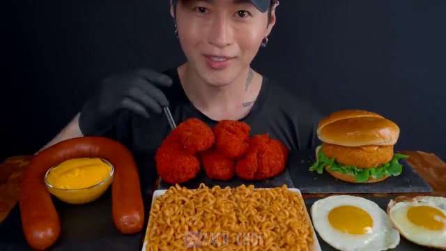 ASMR MUKBANG _ Sausage, Fire Noodles, Shrimp Burger, Fried Chicken, Eggs _ Recipe