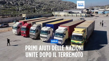 Descargar video: Siria, arrivano i primi camion di aiuti umanitari inviati dall'Onu