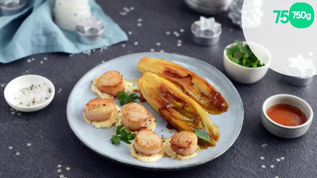 Endives braisées au miel et noix de Saint-Jacques snackées