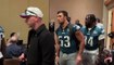 Eagles players arrive for one of their Super Bowl media availabilities