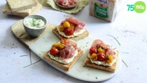 Tartines de tomates cerise confites, feta et jambon de Serrano