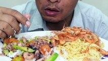 eating sea food & rice with noodles | noodles, Shrimp, Squid, white rice |asmr mukbang eating