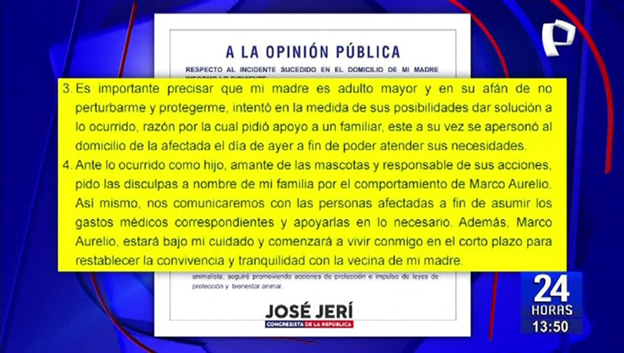 Congresista Jerí se disculpa luego de que el perro de su madre atacara a vecinas de Jesús María