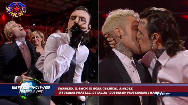 Sanremo, il bacio di Rosa Chemical a Fedez infuriare Fratelli d'Italia: ''Dobbiamo proteggere i bam