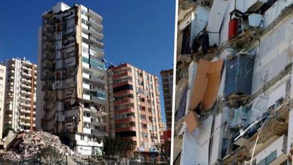 Adana'da yarısı yıkılan binanın 11'inci katında buzdolabı asılı kaldıc