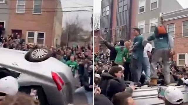 Eagles fans flip car as Philadelphia prepares for Super Bowl