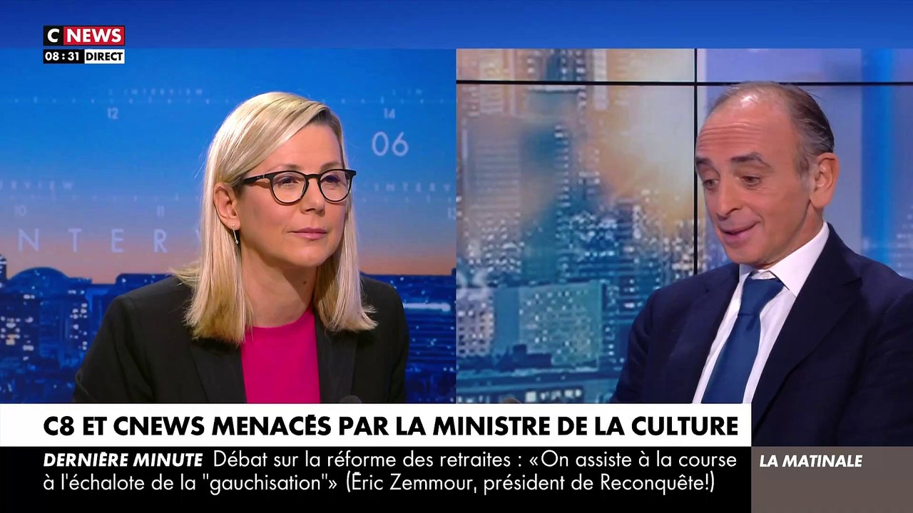 Eric Zemmour répond à la Ministre de la Culture qui menace C8 et CNews: "Tout est scandaleux dans cette déclaration. Je croyais que l'Arcom était là pour garantir la liberté d'expression" - VIDEO