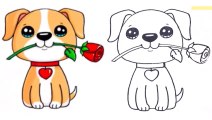 Comment dessiner un chiot avec une rose, dessin facile ❤️