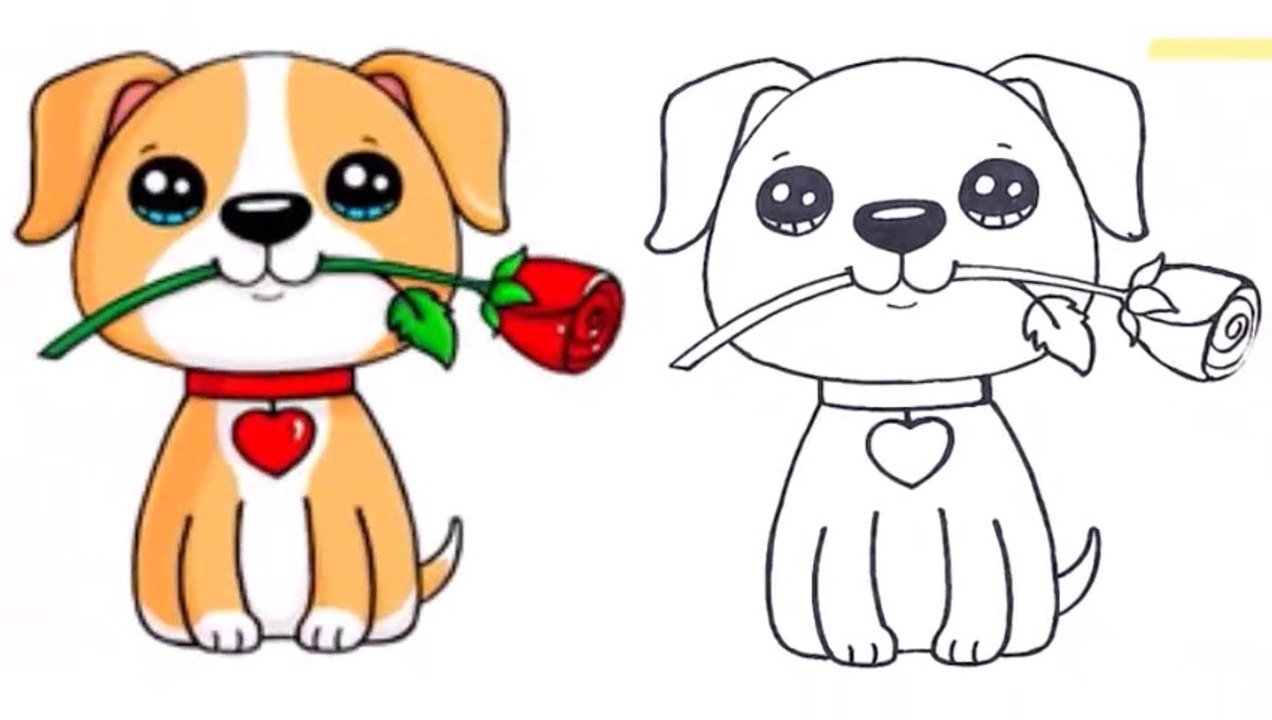 Comment dessiner un chiot avec une rose, dessin facile ❤️, image size:1272x720