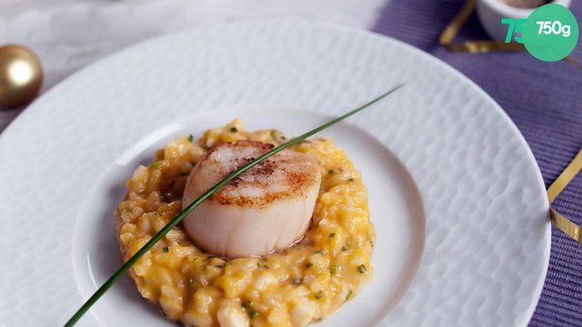Risotto crémeux de potiron et Ortolan, noix de Saint-Jacques poêlées à l'huile de noisette