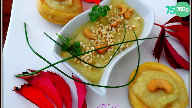 Velouté d'artichauts, pommes de terre et son île flottante aux pistaches, noix de cajou