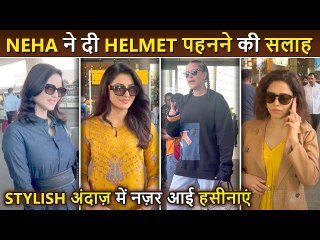 "Helmet Pehno.." Says Neha Dhupia To Paps, Nushrat, Urvashi and Sunny Arrive In Style At Airport