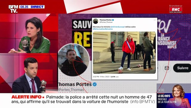 Jean-Philippe Tanguy face à Apolline de Malherbe le mardi 14 février 2023 sur BFMTV : il balance sur un incident survenu en coulisses