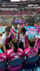 Injured kapitana Alyssa Valdez does a little pep talk to teammates on the bench 