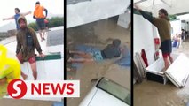 People travel on top of fridge, mattresses in flooded New Zealand street