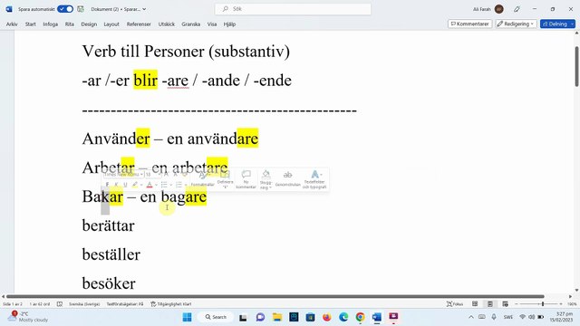 Verb till substantiv ( Personer ) - تحويل الأفعال إلى أسماء فاعل في اللغة السويدية