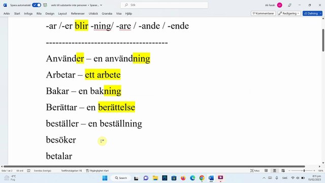 Verb till substantiv ( inte Personer ) - تحويل الأفعال إلى أسماء قواعد اللغة السويدية