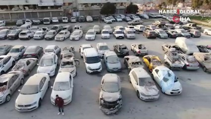 Depremin ardından toplu araç mezarlığı havadan böyle görüntülendi