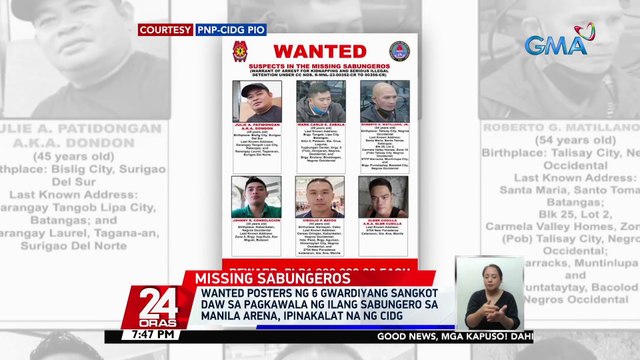 Wanted posters ng 6 guwardiyang sangkot daw sa pagkawala ng ilang sabungero sa Manila Arena, ipinakalat na ng CIDG | 24 Oras