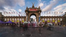 Timelapse - Toronto, Canada - The Princes Gates is a triumphal arch monumental gateway at Exhibition Place during the CNE at Sunset