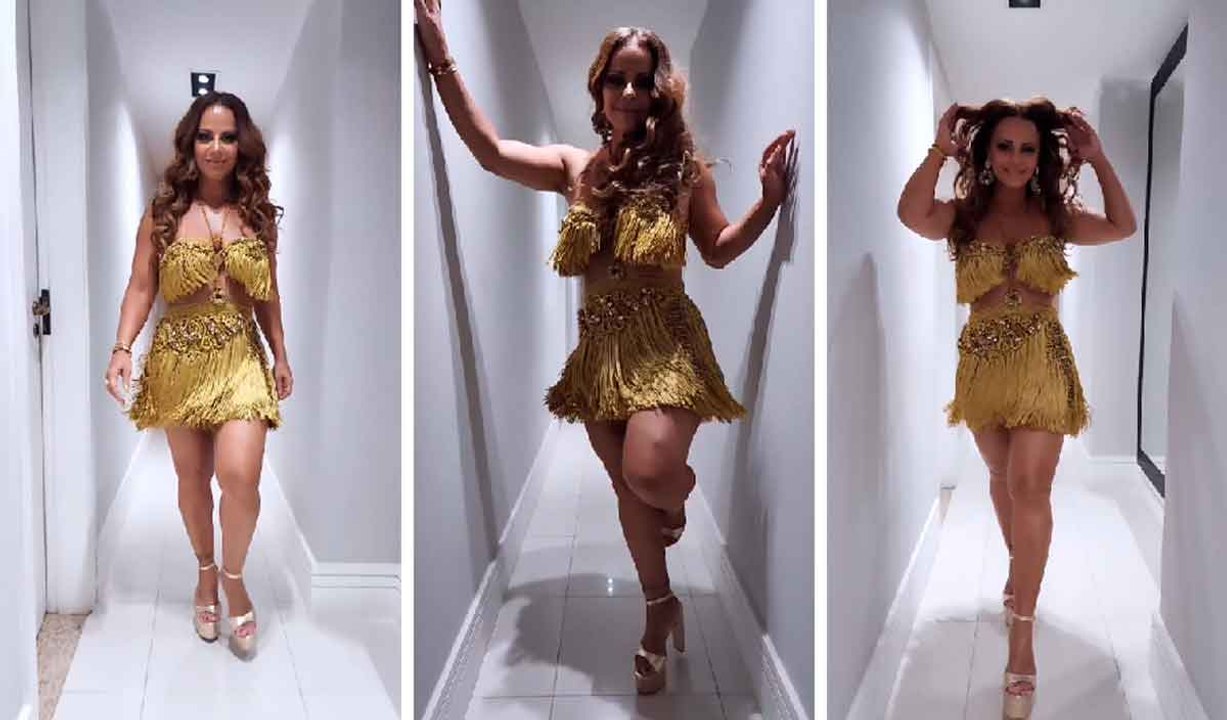Viviane Araújo arrasa com look dourado no Carnaval