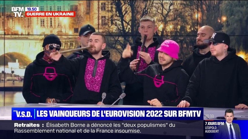 Les vainqueurs ukrainiens de l'Eurovision 2022, Kalush Orchestra, jouent  leur tube Stefania, sur BFMTV - Vidéo Dailymotion