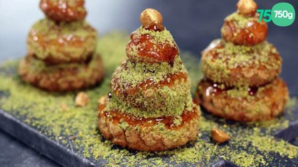 Mini-sapins, choux caramel et pistache