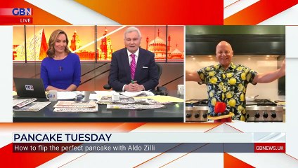 Shrove Tuesday_ Aldo Zilli shows Eamonn Holmes and Isabel Webster how to flip the perfect pancake