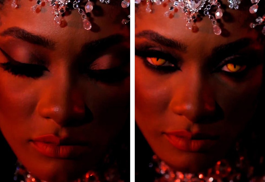 Erika Januza usa lente de contato arrepiante em fantasia ousada