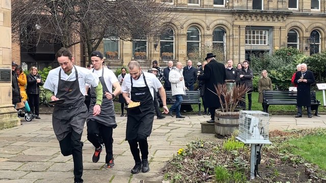 Watch Liverpool Pancake Race 2023 as champion defends title in annual race against top chefs