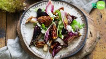 Salade d'endives rouges, betterave, mesclun, figues et noix de pecan