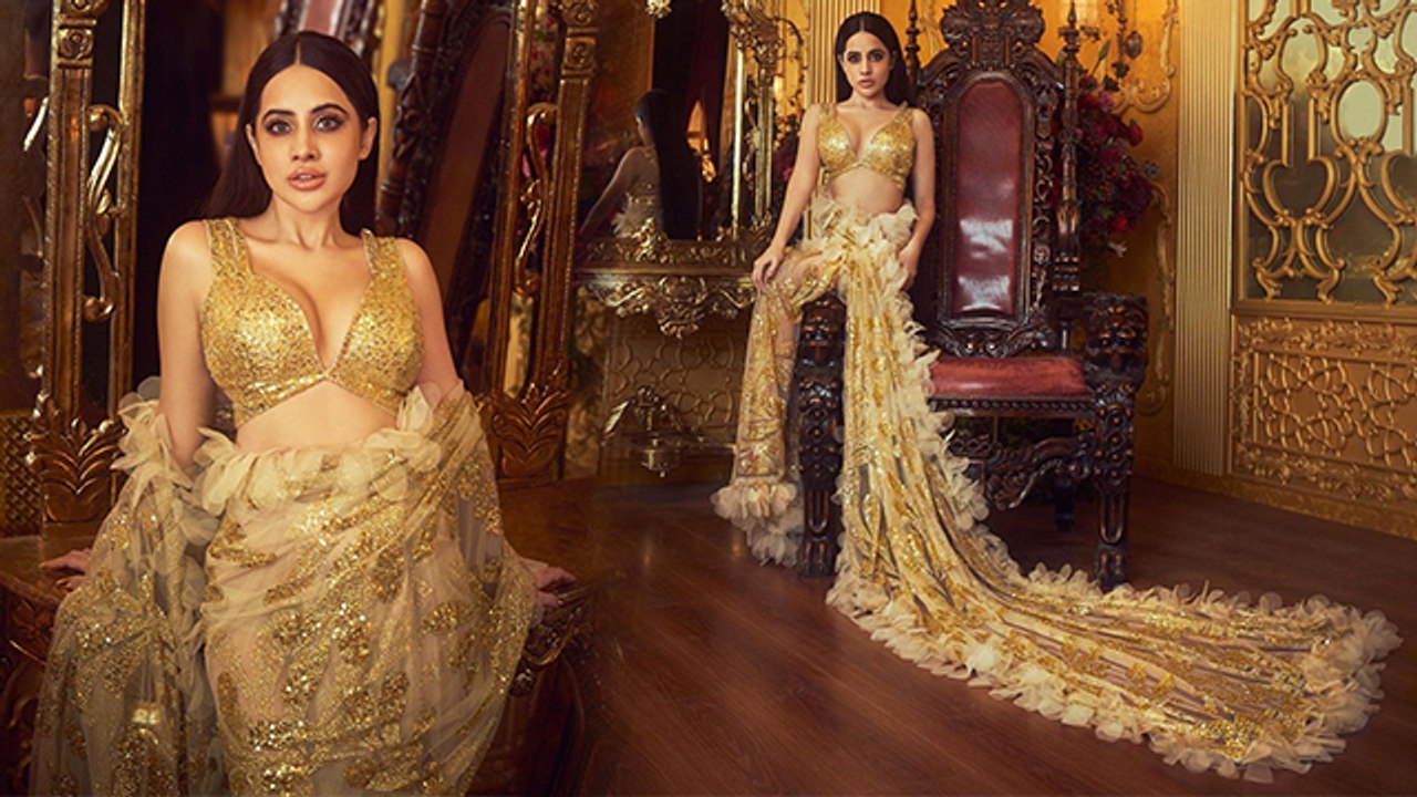 Urfi Javed Golden Saree Royal Look में आई नजर, Ambani Designer को दिया Shocking Reaction Viral