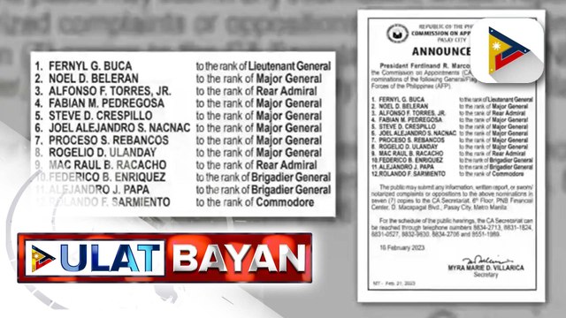 Kumpirmasyon ng ad interim appointment ng 12 general/flag officers ng AFP, isinumite sa Commission on Appointments