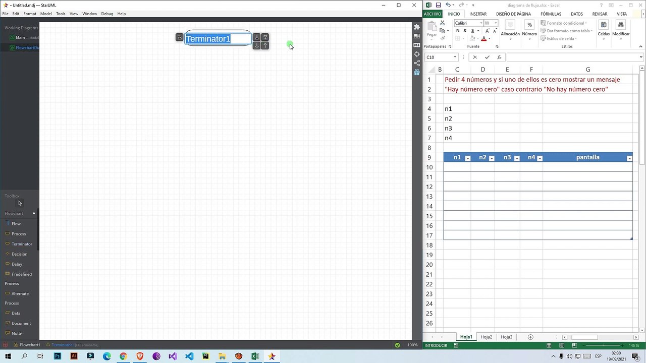 Diagrama de Flujo: Pedir 4 números y si uno de ellos es cero mostrar "Hay número cero"