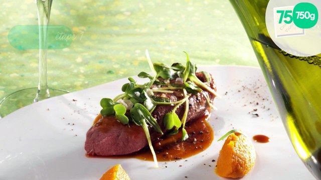 Selle d'agneau vapeur à l'estragon,carottes au cumin et jus déglacé à l'eau de carotte avec un champagne de vigneron extra-brut