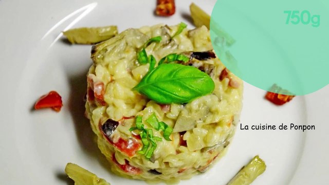 Risotto aux artichauts, tomates confites et lardons