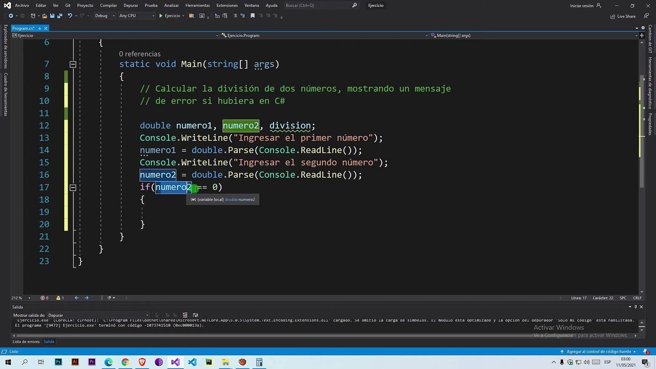 Calcular la división de dos números, mostrando un mensaje de error si hubiera en C#