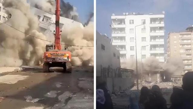 İş makinesinin tek hareketi yetti! 8 katlı binanın yerle bir olduğu anlar kamerada