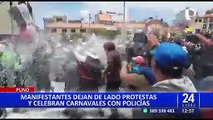 De las protestas a la celebración: manifestantes atacan con globos y espuma a Policías en Puno