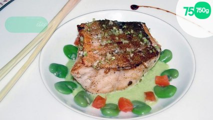 Pavé de rascasse poêlé 'miel et citronnelle', coulis de petits pois, verveine et févettes