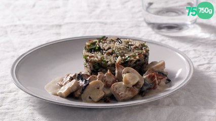 Blanquette de veau aux Champignons de Paris à la crème fraiche, Trompettes de la mort, Morilles et riz aux herbes fraîches