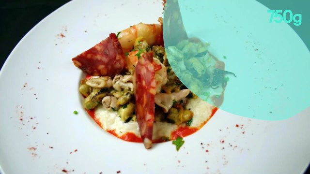 Risotto de fruits de mer à la plancha - coulis de poivrons doux