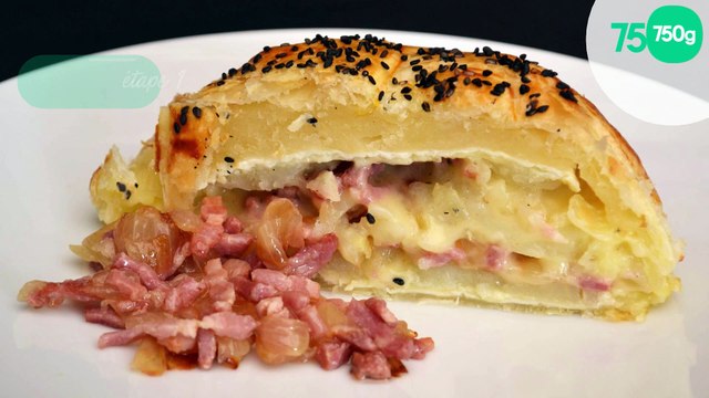 Feuilleté au camembert, pommes de terre, lardons et oignons confits au balsamique