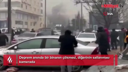Deprem anında bir binanın çökmesi, diğerinin sallanması kamerada